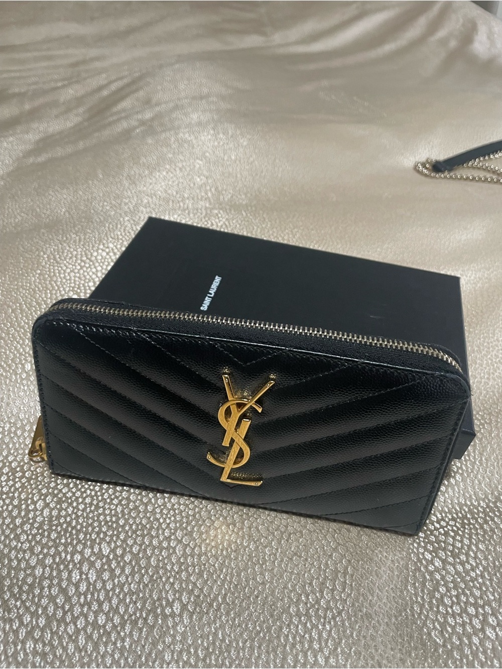 Saint Laurent Black Quilted Leather Zip-Around Wallet with Gold YSL Emblem